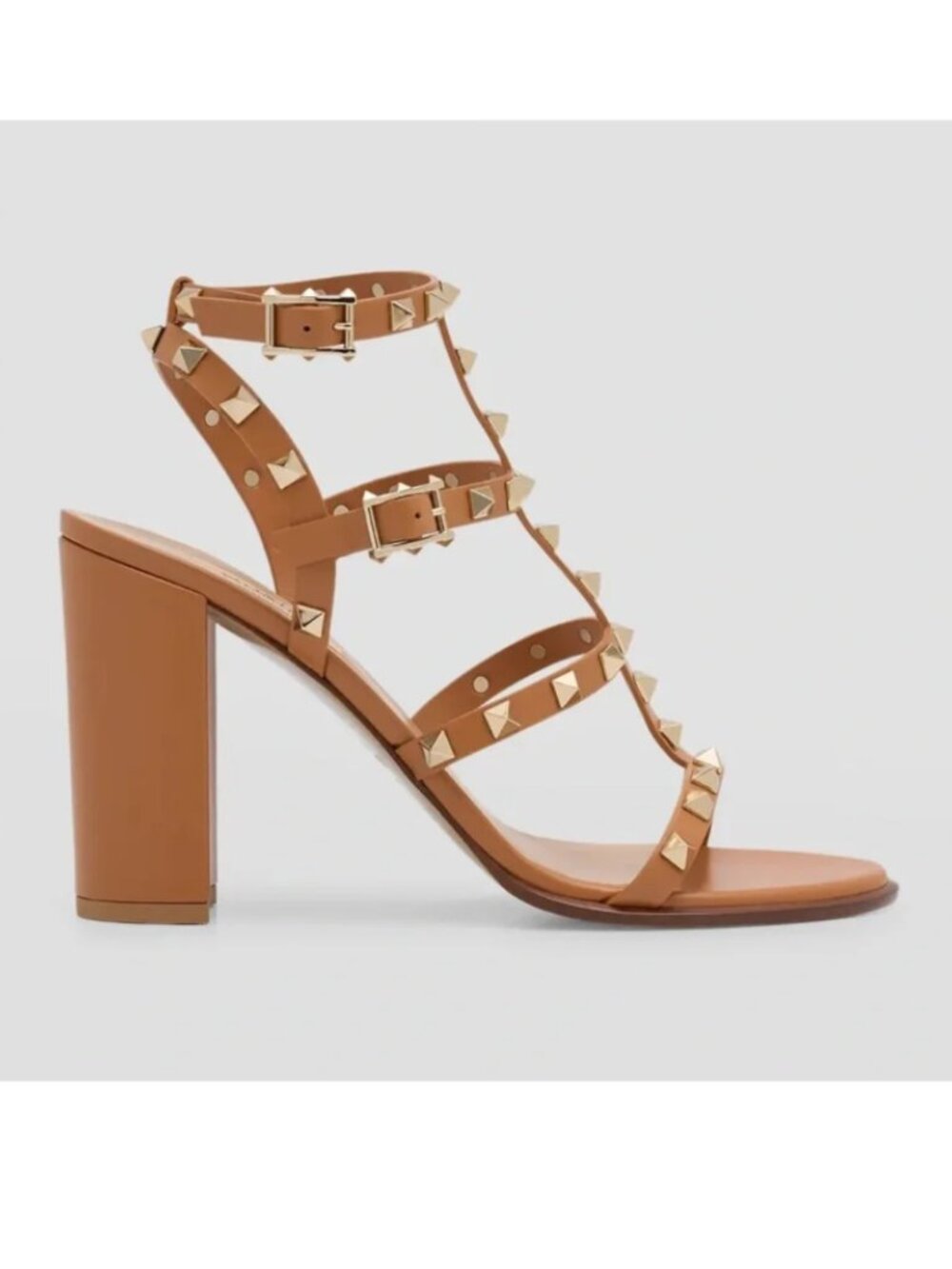 Valentino Garavani 90mm Rockstud Brown Leather Block Heel Sandals - Picture 2 of 9